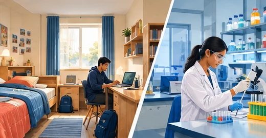 Illustration of a college hostel room and a laboratory